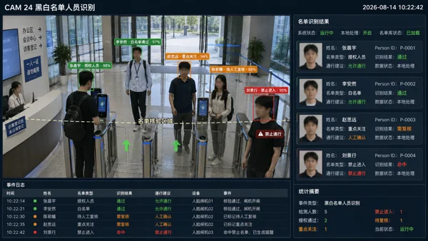黑白名单人员识别 · 场景效果示意